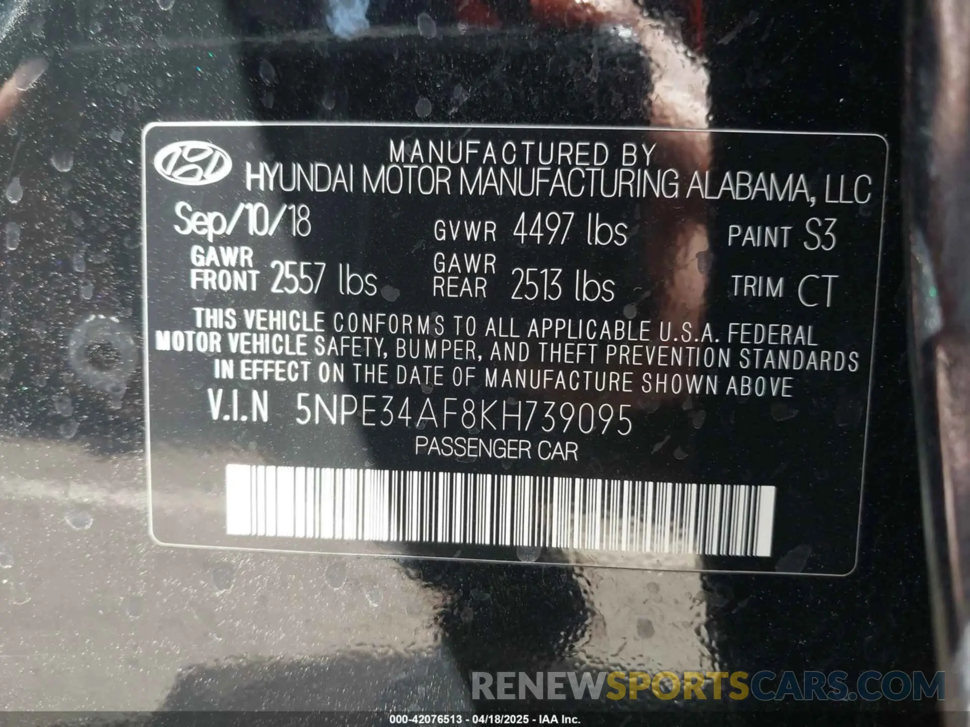 9 Photograph of a damaged car 5NPE34AF8KH739095 HYUNDAI SONATA 2019