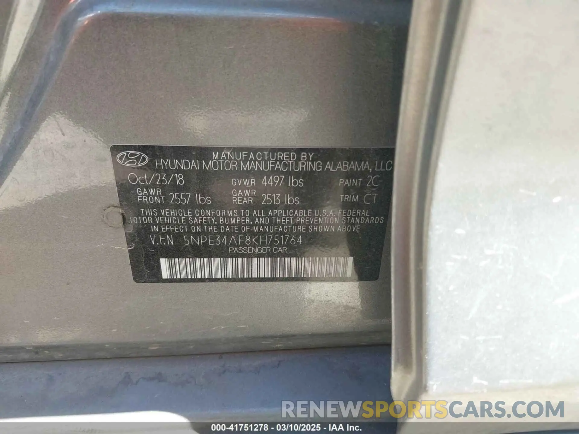 9 Photograph of a damaged car 5NPE34AF8KH751764 HYUNDAI SONATA 2019