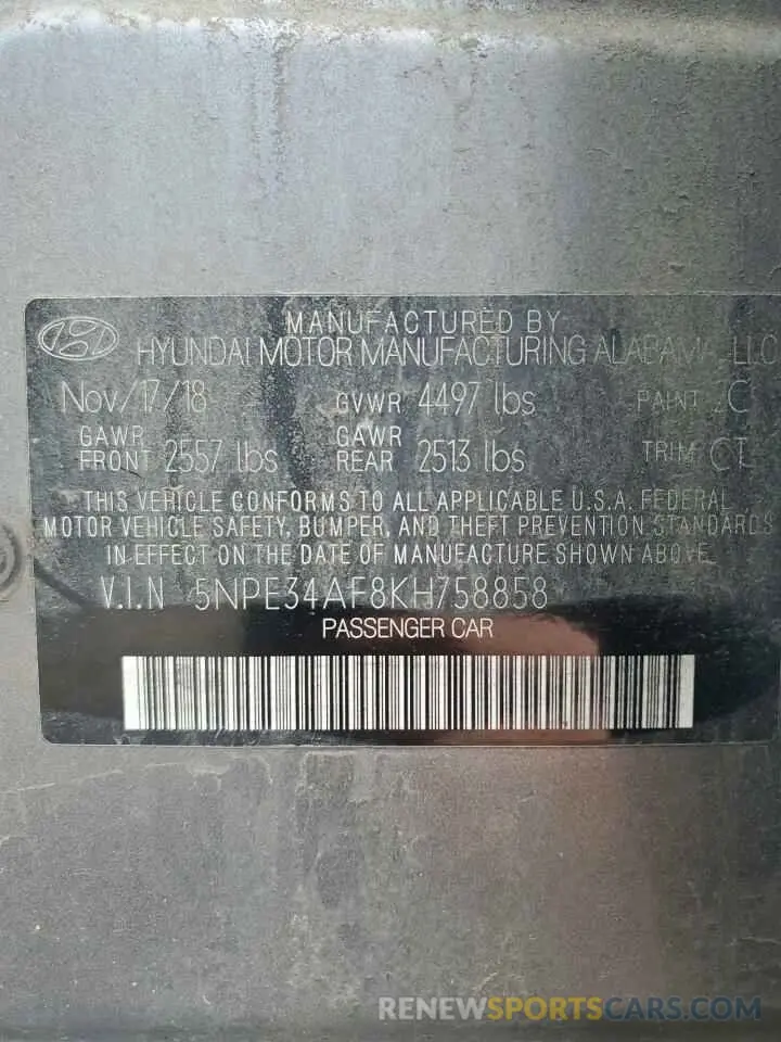14 Photograph of a damaged car 5NPE34AF8KH758858 HYUNDAI SONATA 2019