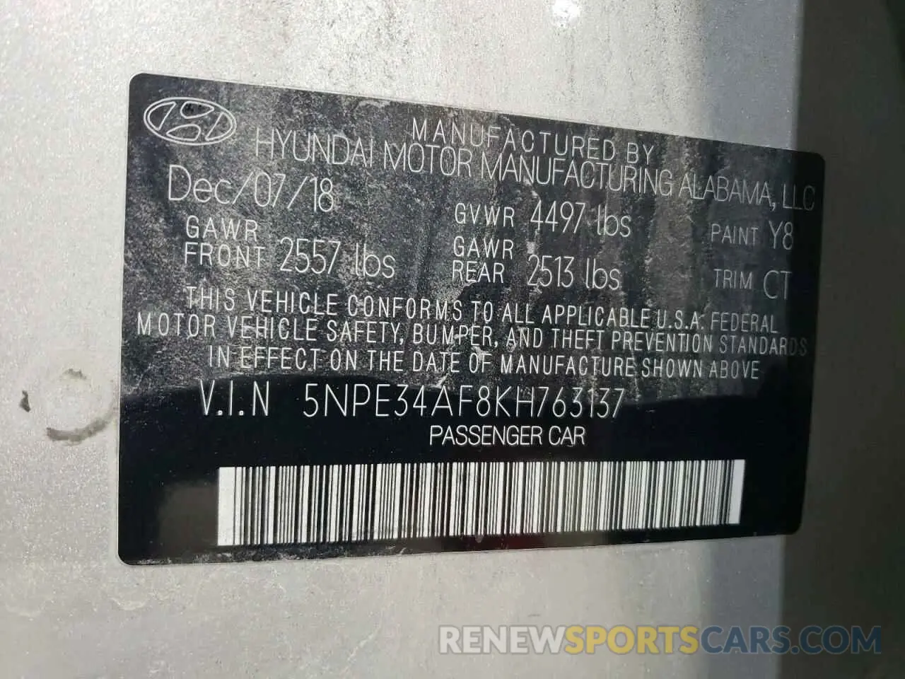 12 Photograph of a damaged car 5NPE34AF8KH763137 HYUNDAI SONATA 2019