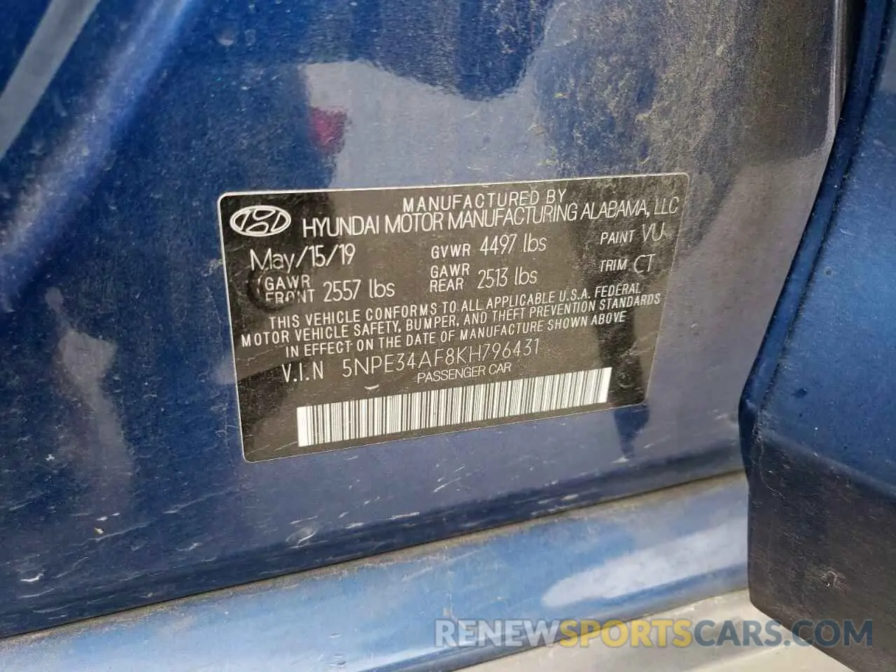 14 Photograph of a damaged car 5NPE34AF8KH796431 HYUNDAI SONATA 2019