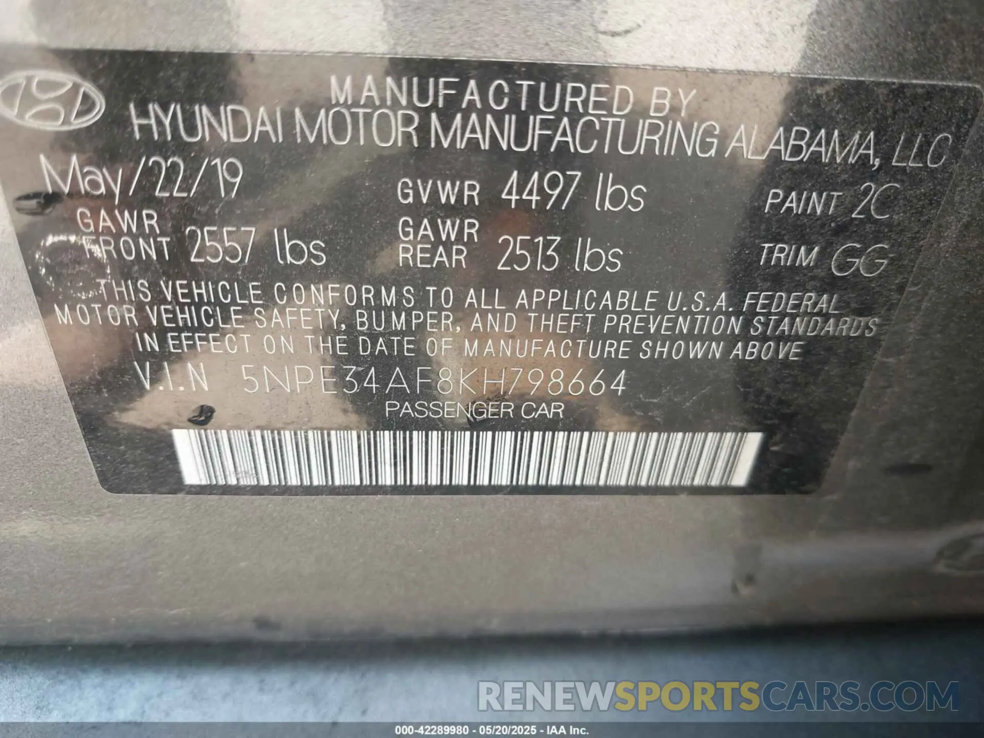 9 Photograph of a damaged car 5NPE34AF8KH798664 HYUNDAI SONATA 2019