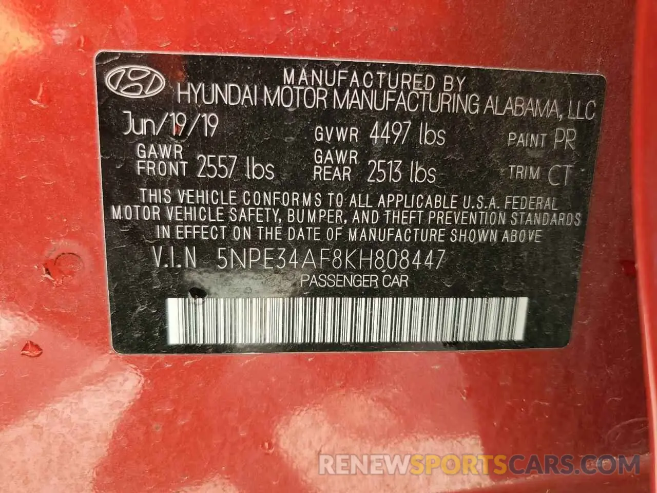 12 Photograph of a damaged car 5NPE34AF8KH808447 HYUNDAI SONATA 2019