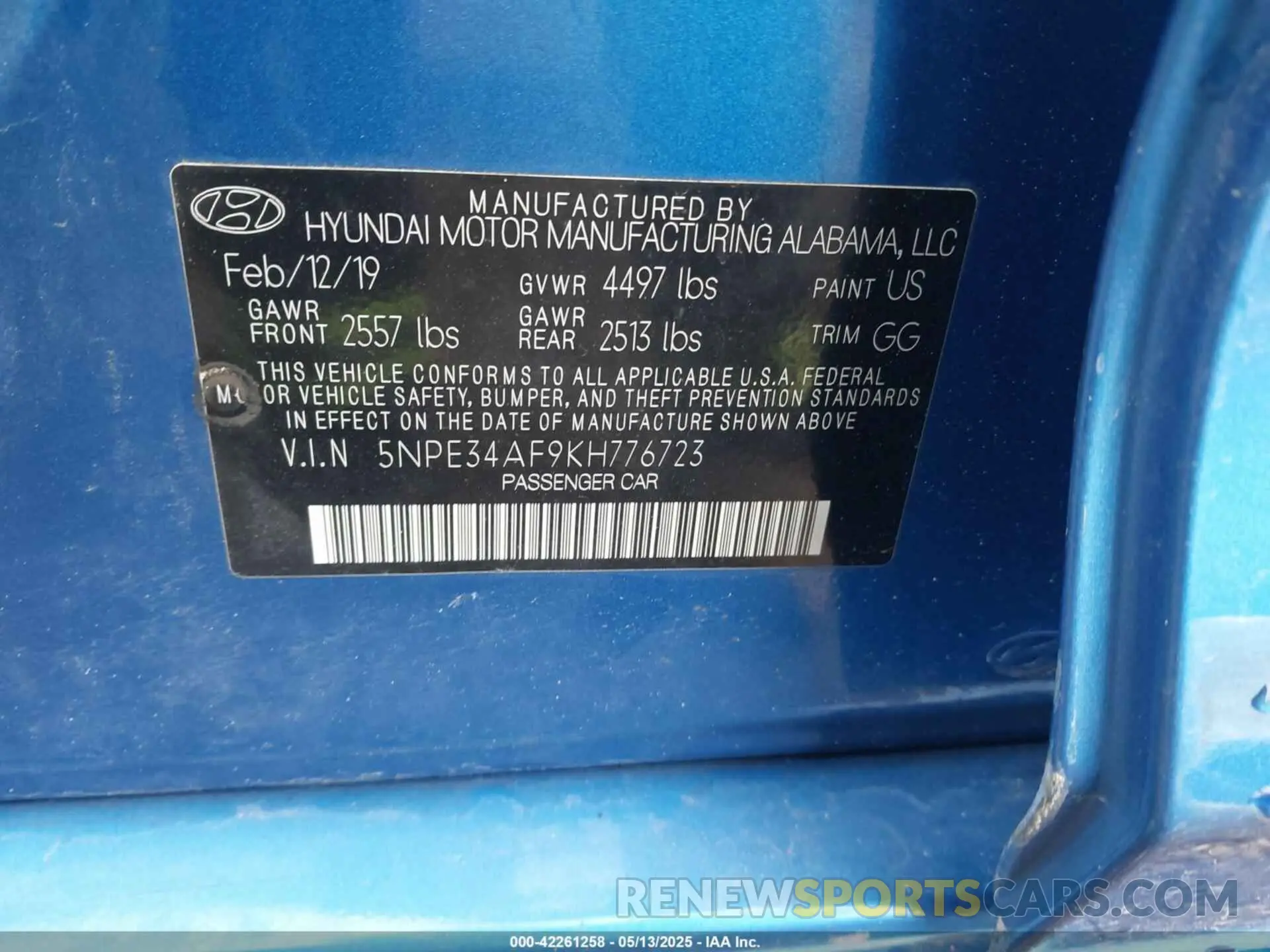 9 Photograph of a damaged car 5NPE34AF9KH776723 HYUNDAI SONATA 2019