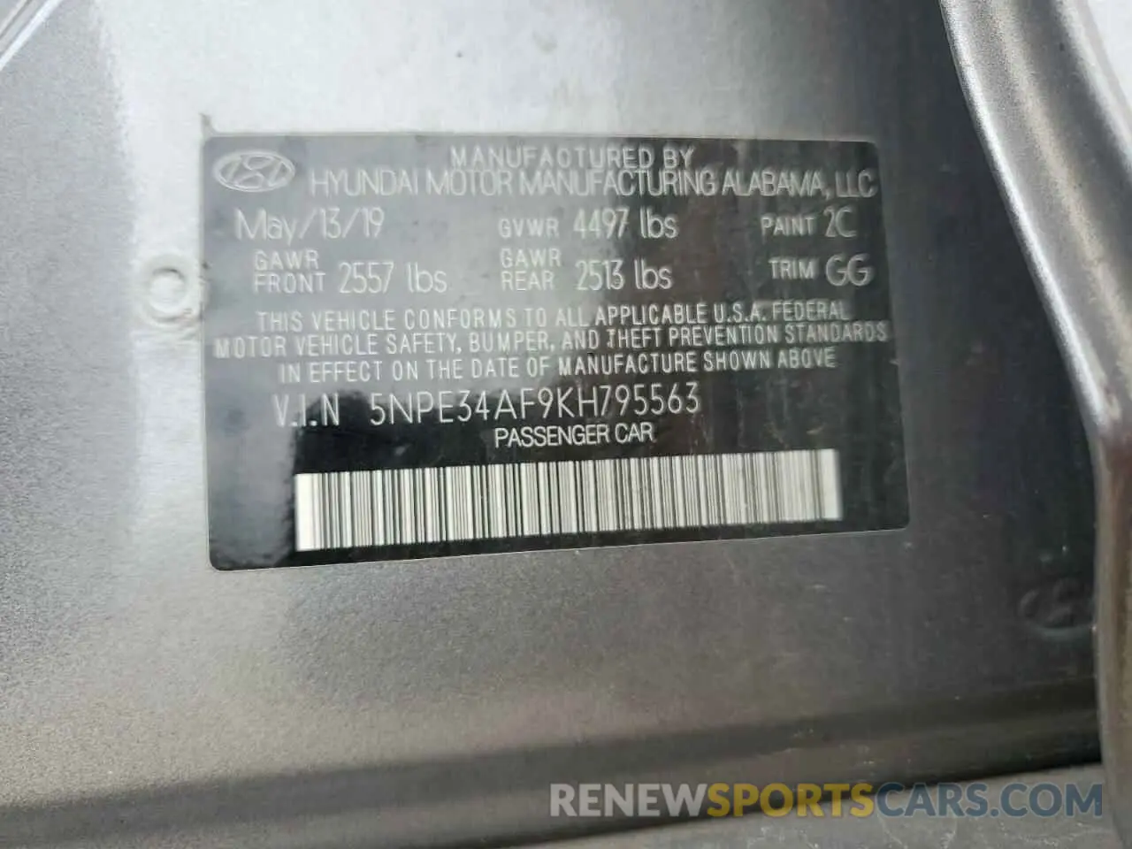 14 Photograph of a damaged car 5NPE34AF9KH795563 HYUNDAI SONATA 2019