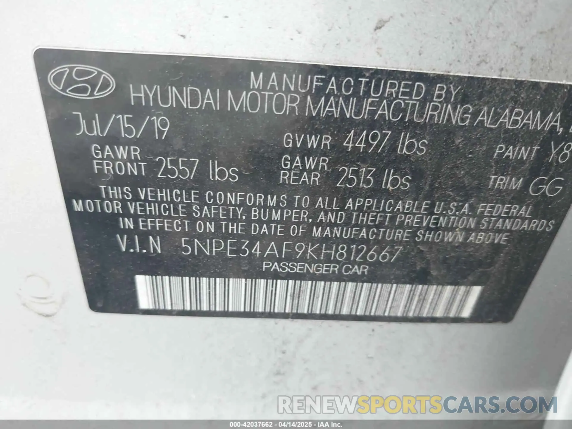 9 Photograph of a damaged car 5NPE34AF9KH812667 HYUNDAI SONATA 2019