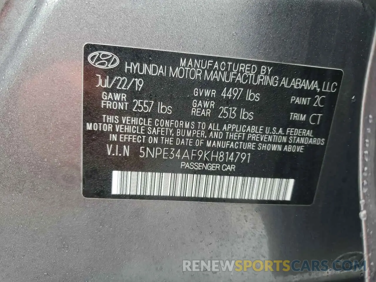 12 Photograph of a damaged car 5NPE34AF9KH814791 HYUNDAI SONATA 2019
