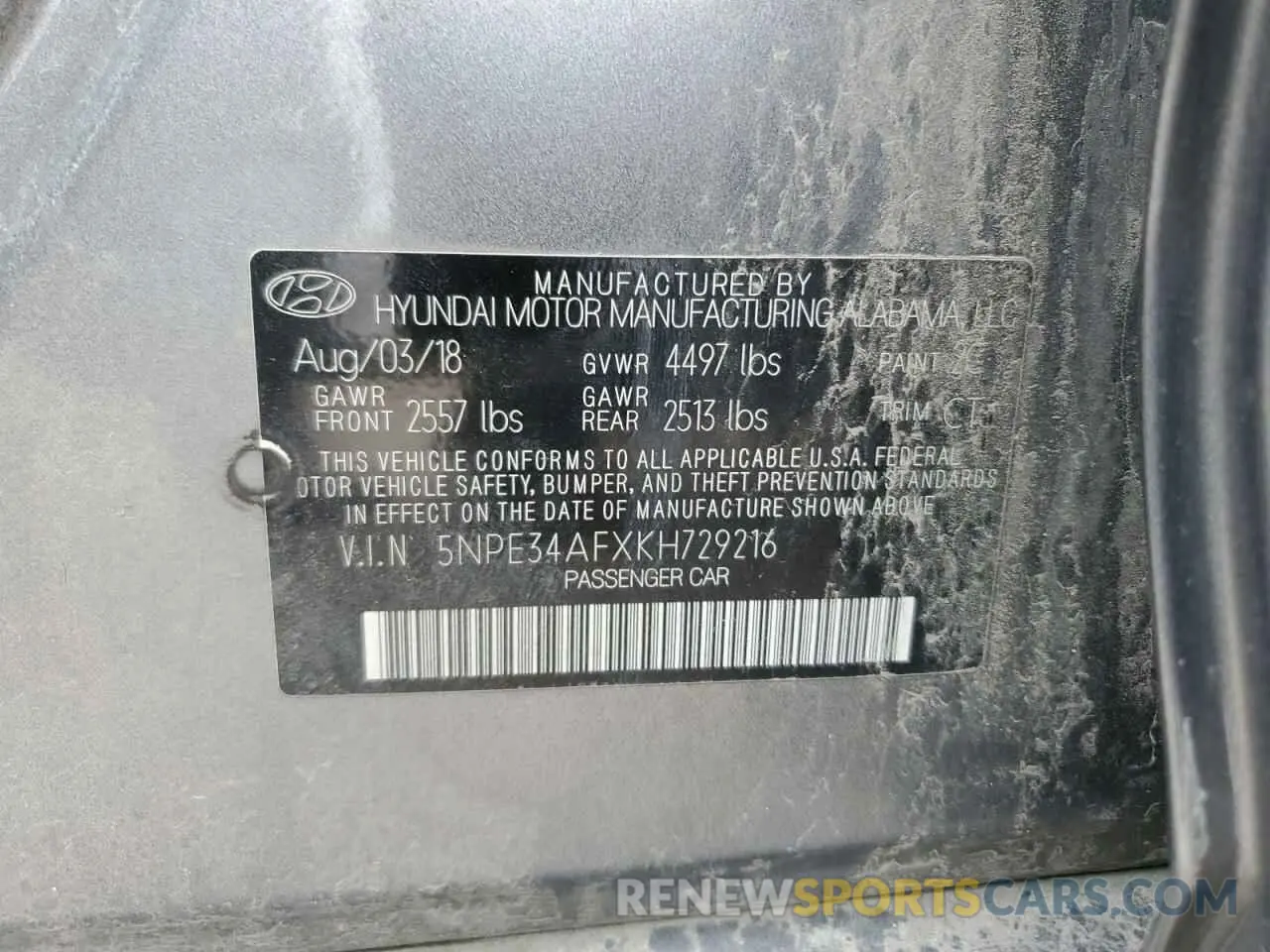 13 Photograph of a damaged car 5NPE34AFXKH729216 HYUNDAI SONATA 2019