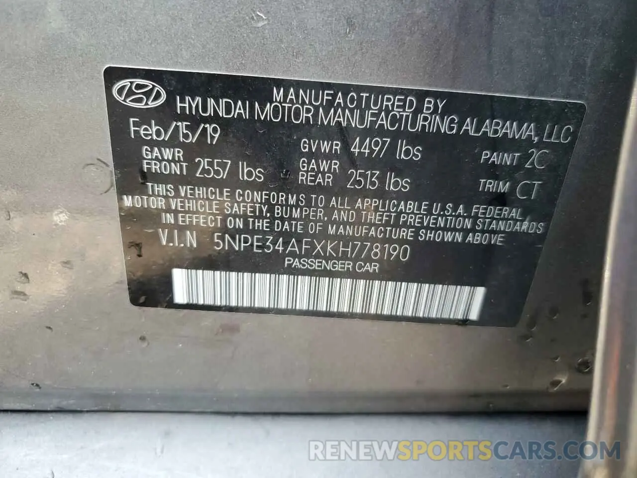 12 Photograph of a damaged car 5NPE34AFXKH778190 HYUNDAI SONATA 2019
