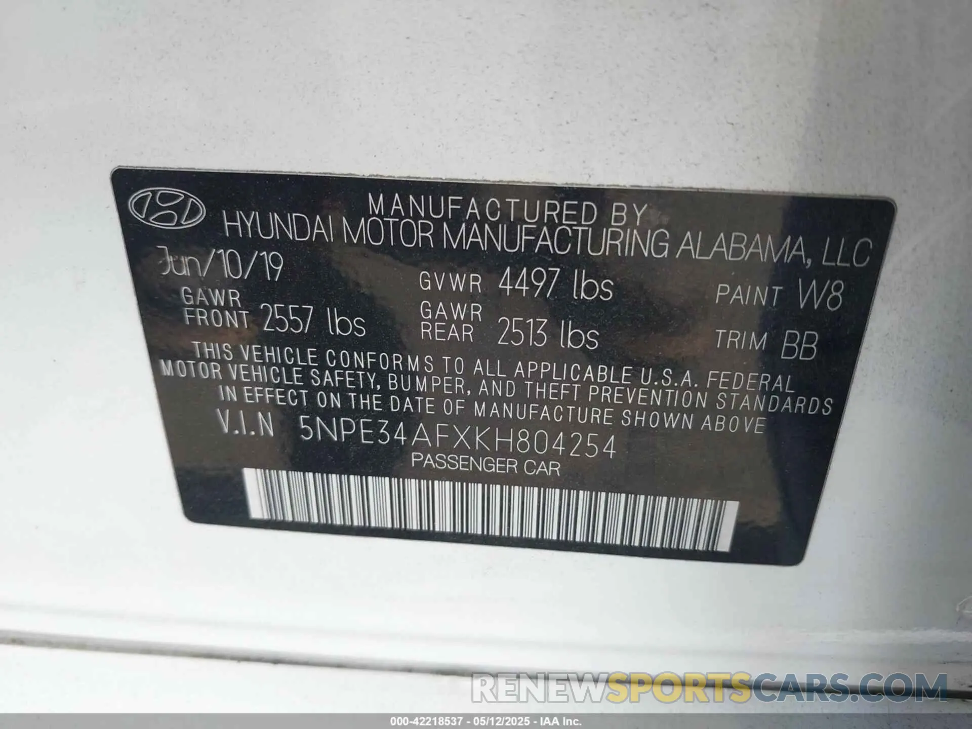 9 Photograph of a damaged car 5NPE34AFXKH804254 HYUNDAI SONATA 2019