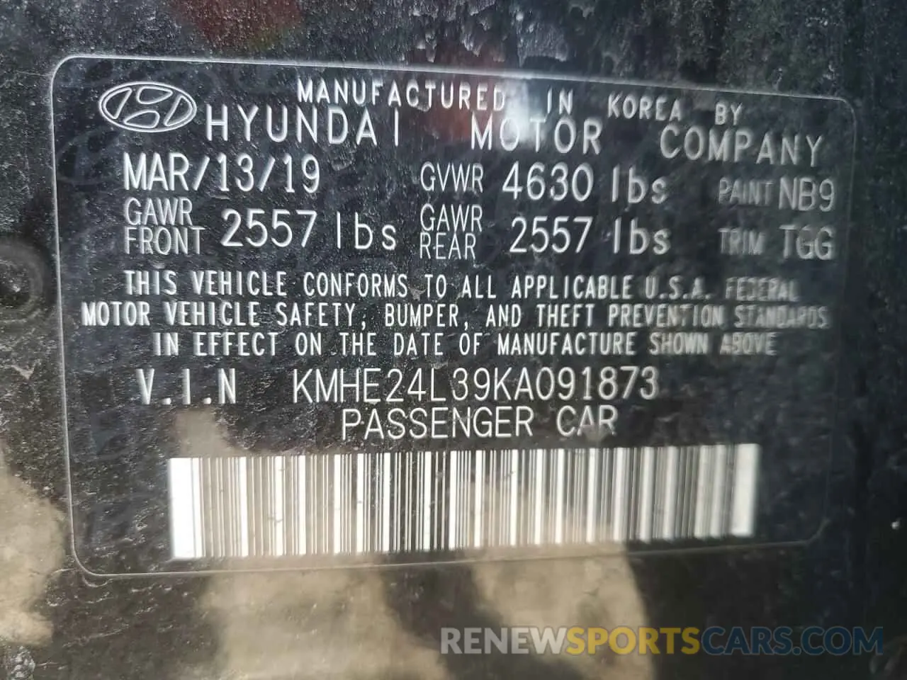 12 Photograph of a damaged car KMHE24L39KA091873 HYUNDAI SONATA 2019