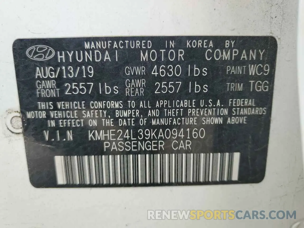 12 Photograph of a damaged car KMHE24L39KA094160 HYUNDAI SONATA 2019