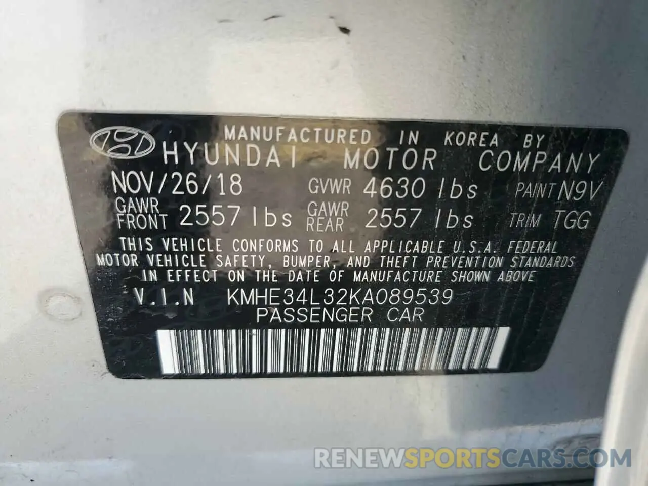 12 Photograph of a damaged car KMHE34L32KA089539 HYUNDAI SONATA 2019