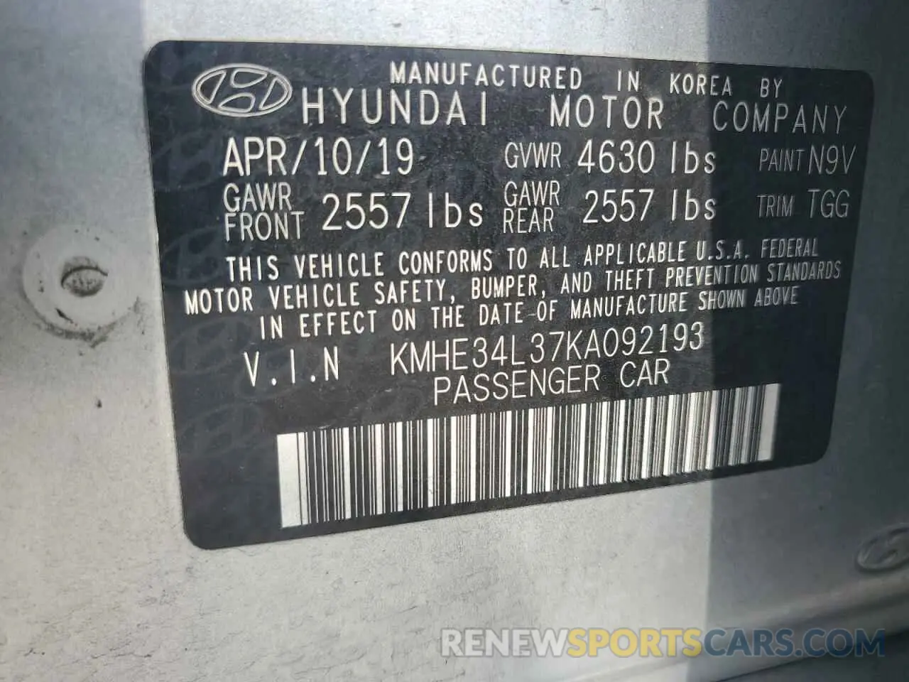13 Photograph of a damaged car KMHE34L37KA092193 HYUNDAI SONATA 2019