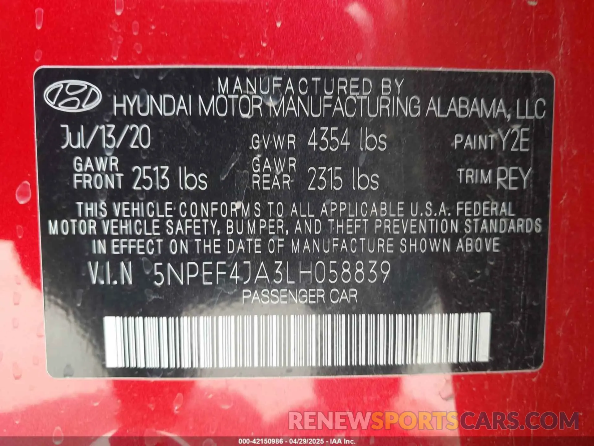 9 Photograph of a damaged car 5NPEF4JA3LH058839 HYUNDAI SONATA 2020