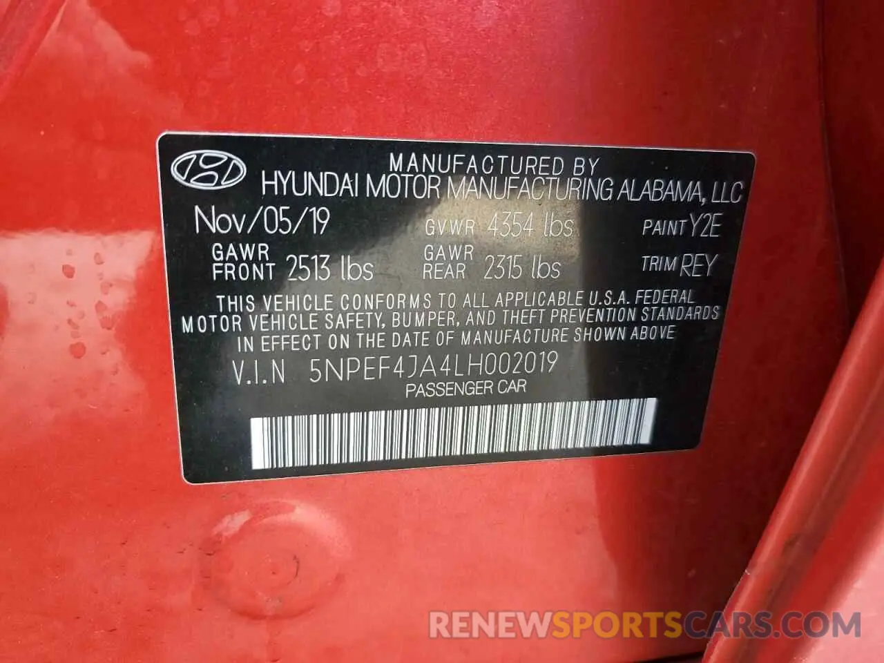 15 Photograph of a damaged car 5NPEF4JA4LH002019 HYUNDAI SONATA 2020