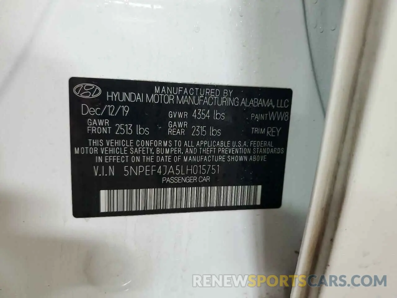 12 Photograph of a damaged car 5NPEF4JA5LH015751 HYUNDAI SONATA 2020