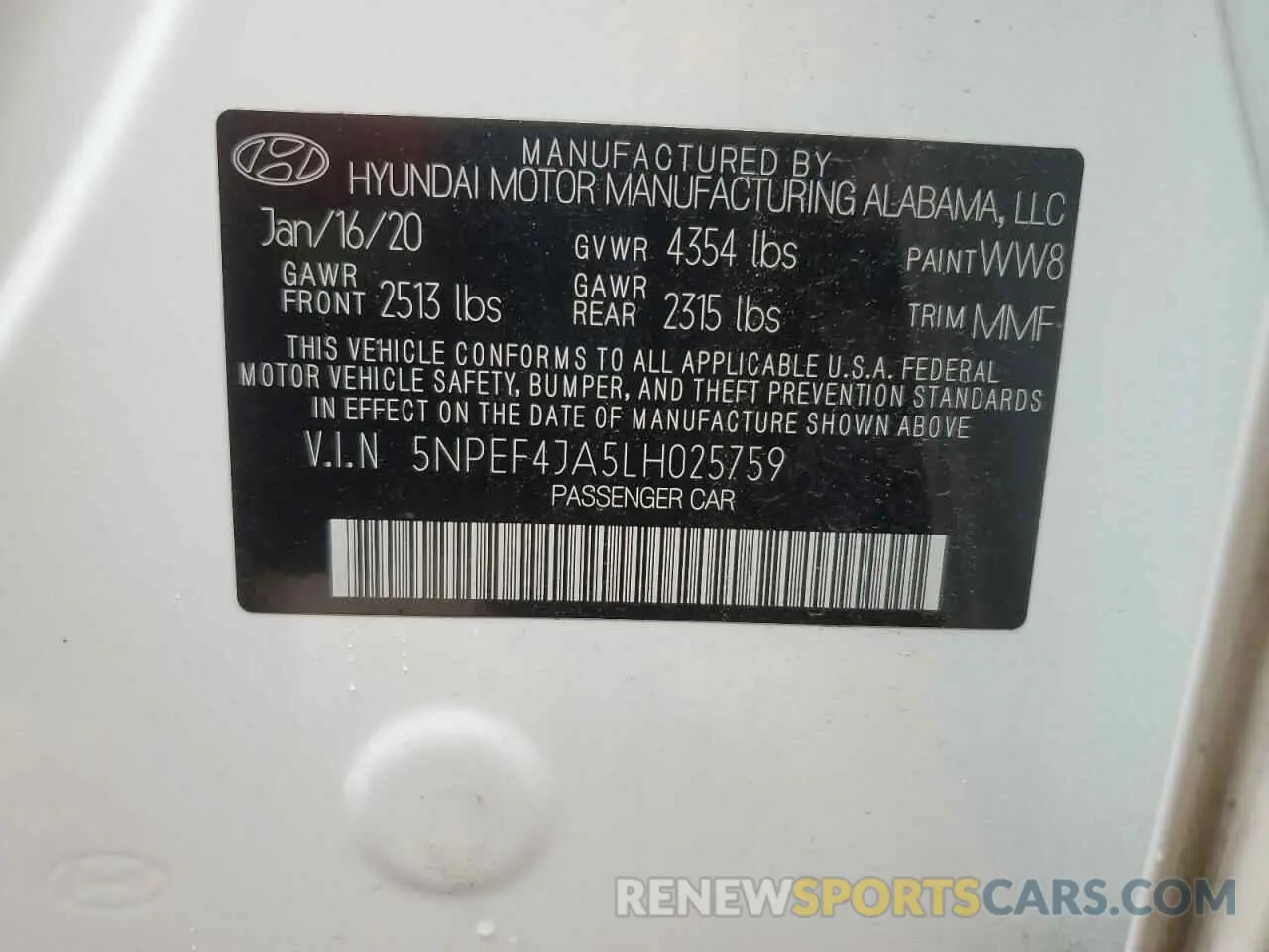 12 Photograph of a damaged car 5NPEF4JA5LH025759 HYUNDAI SONATA 2020
