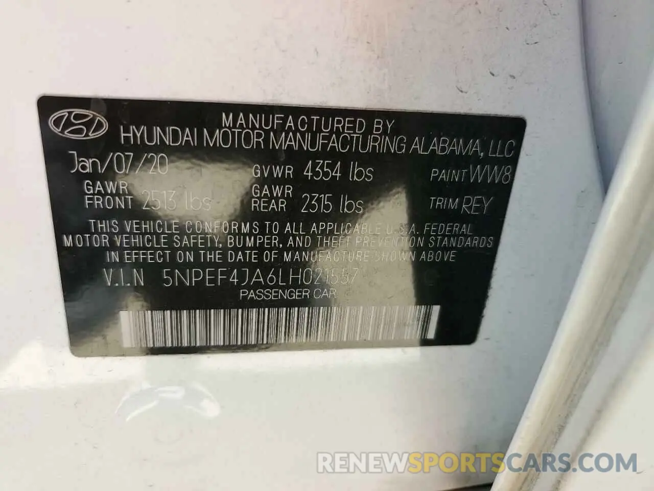 13 Photograph of a damaged car 5NPEF4JA6LH021557 HYUNDAI SONATA 2020