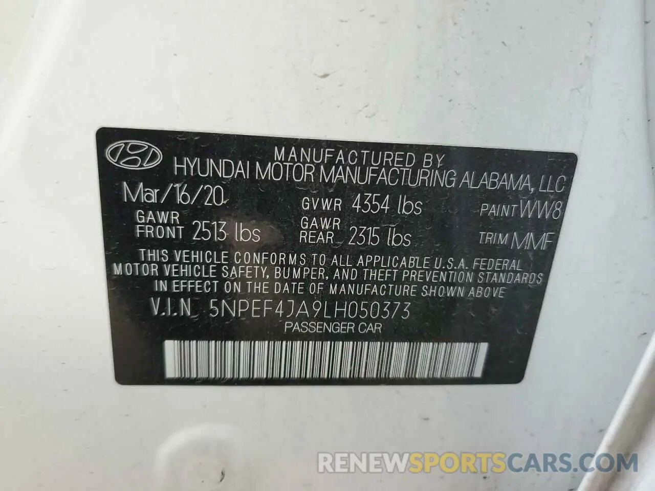 12 Photograph of a damaged car 5NPEF4JA9LH050373 HYUNDAI SONATA 2020