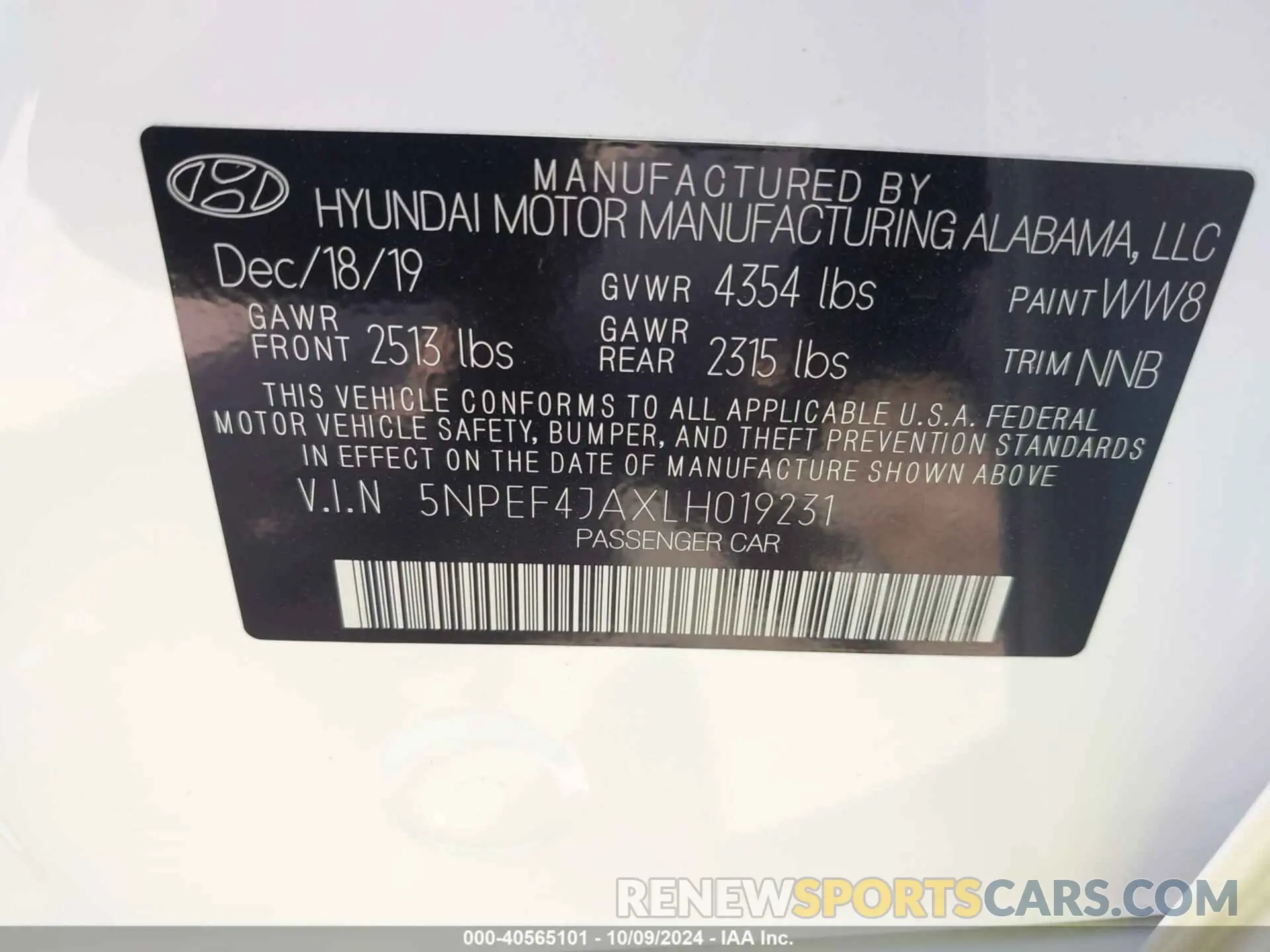 9 Photograph of a damaged car 5NPEF4JAXLH019231 HYUNDAI SONATA 2020
