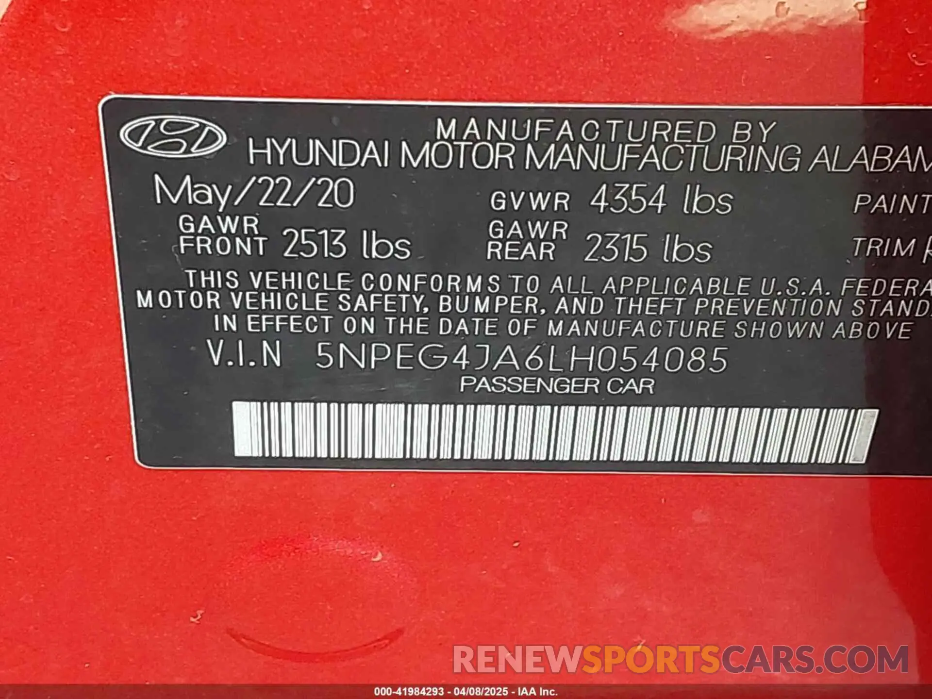 9 Photograph of a damaged car 5NPEG4JA6LH054085 HYUNDAI SONATA 2020