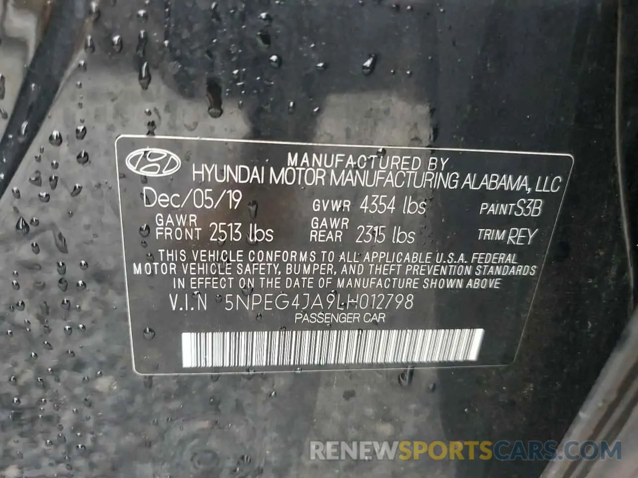 12 Photograph of a damaged car 5NPEG4JA9LH012798 HYUNDAI SONATA 2020