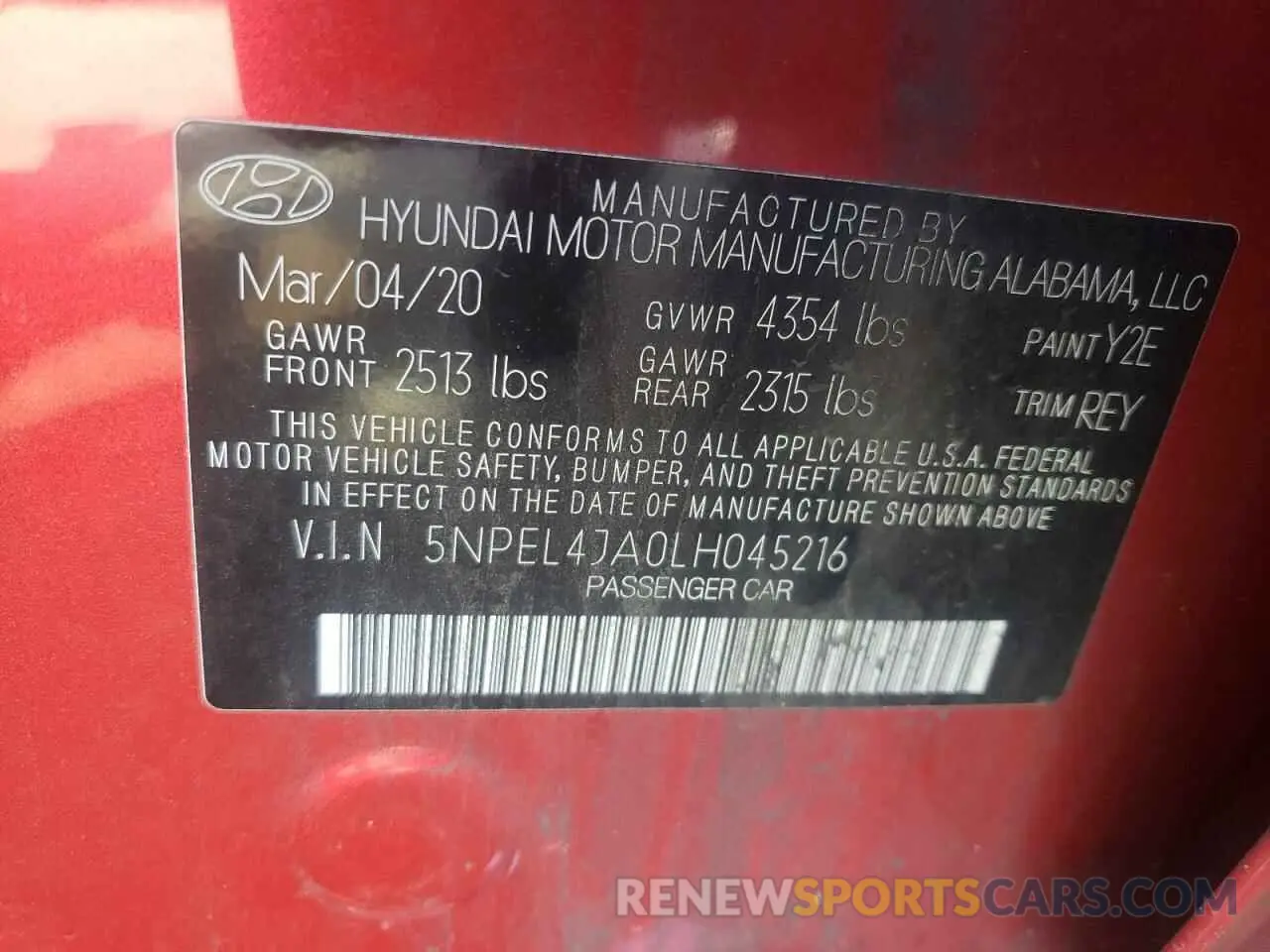 13 Photograph of a damaged car 5NPEL4JA0LH045216 HYUNDAI SONATA 2020