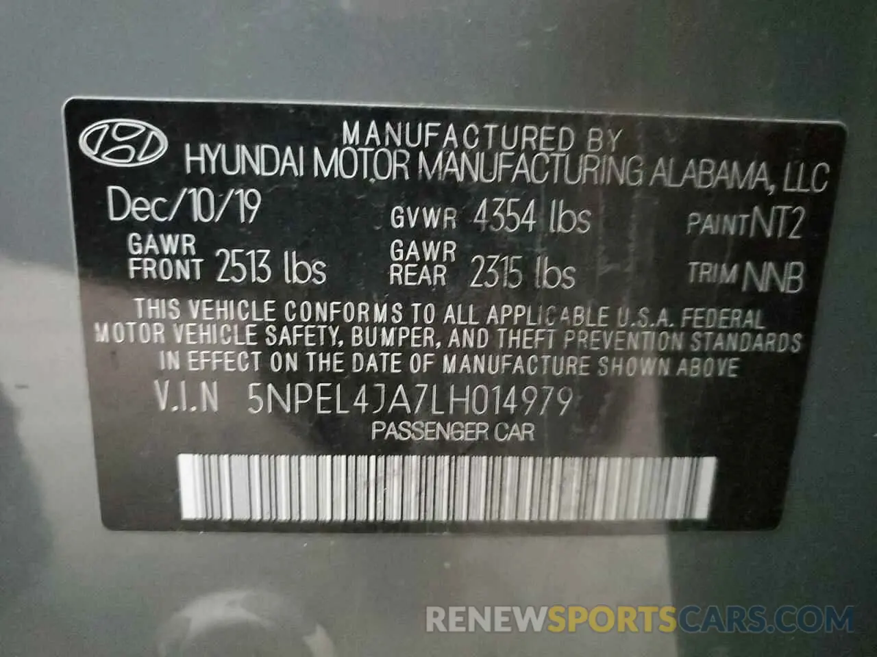 13 Photograph of a damaged car 5NPEL4JA7LH014979 HYUNDAI SONATA 2020
