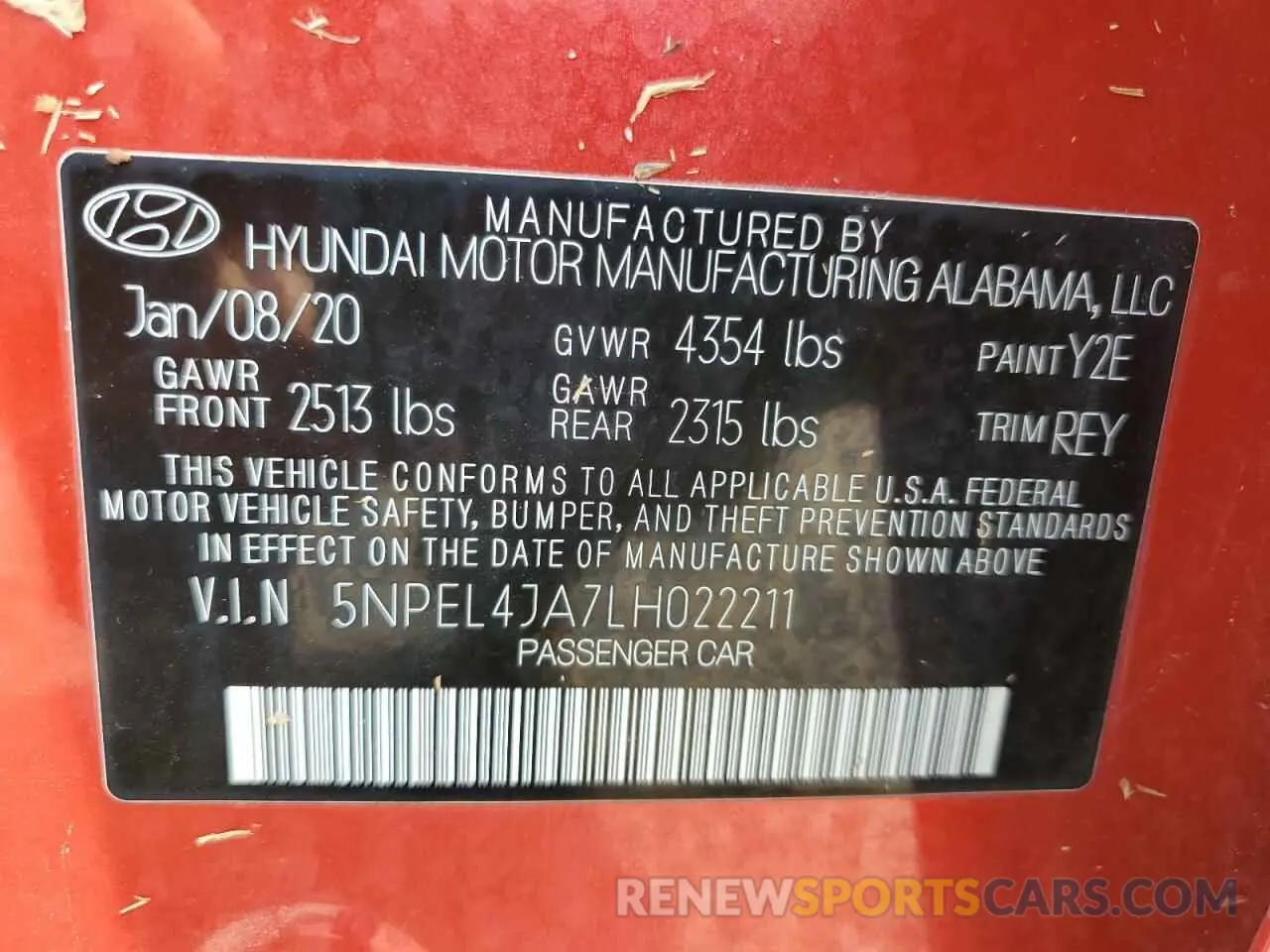 14 Photograph of a damaged car 5NPEL4JA7LH022211 HYUNDAI SONATA 2020