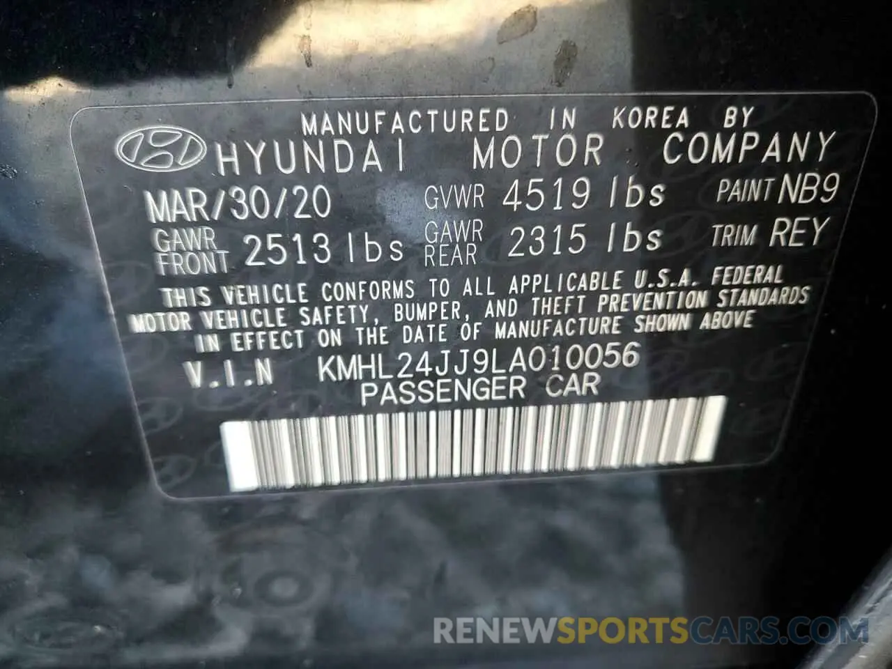 13 Photograph of a damaged car KMHL24JJ9LA010056 HYUNDAI SONATA 2020
