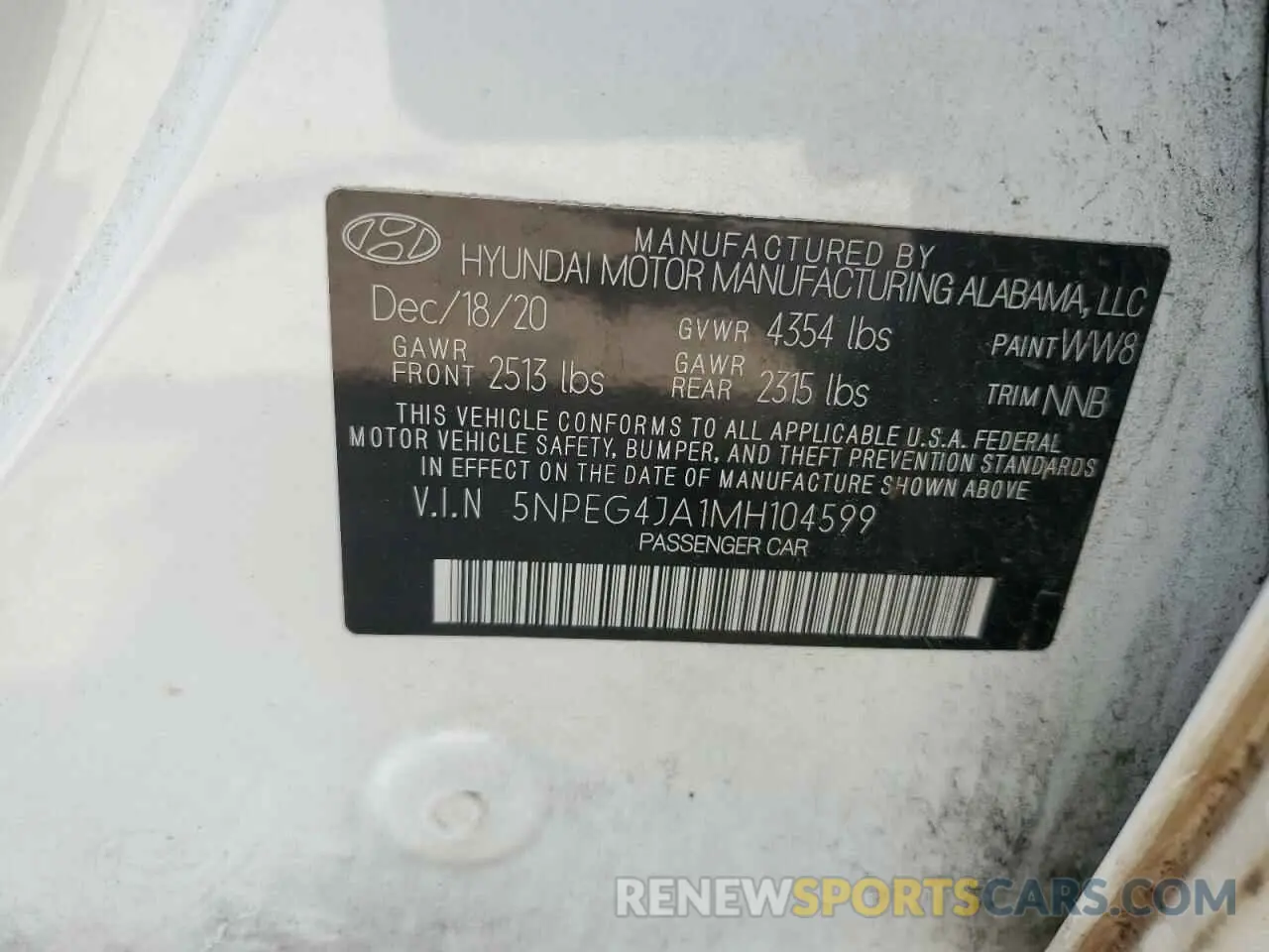 12 Photograph of a damaged car 5NPEG4JA1MH104599 HYUNDAI SONATA 2021