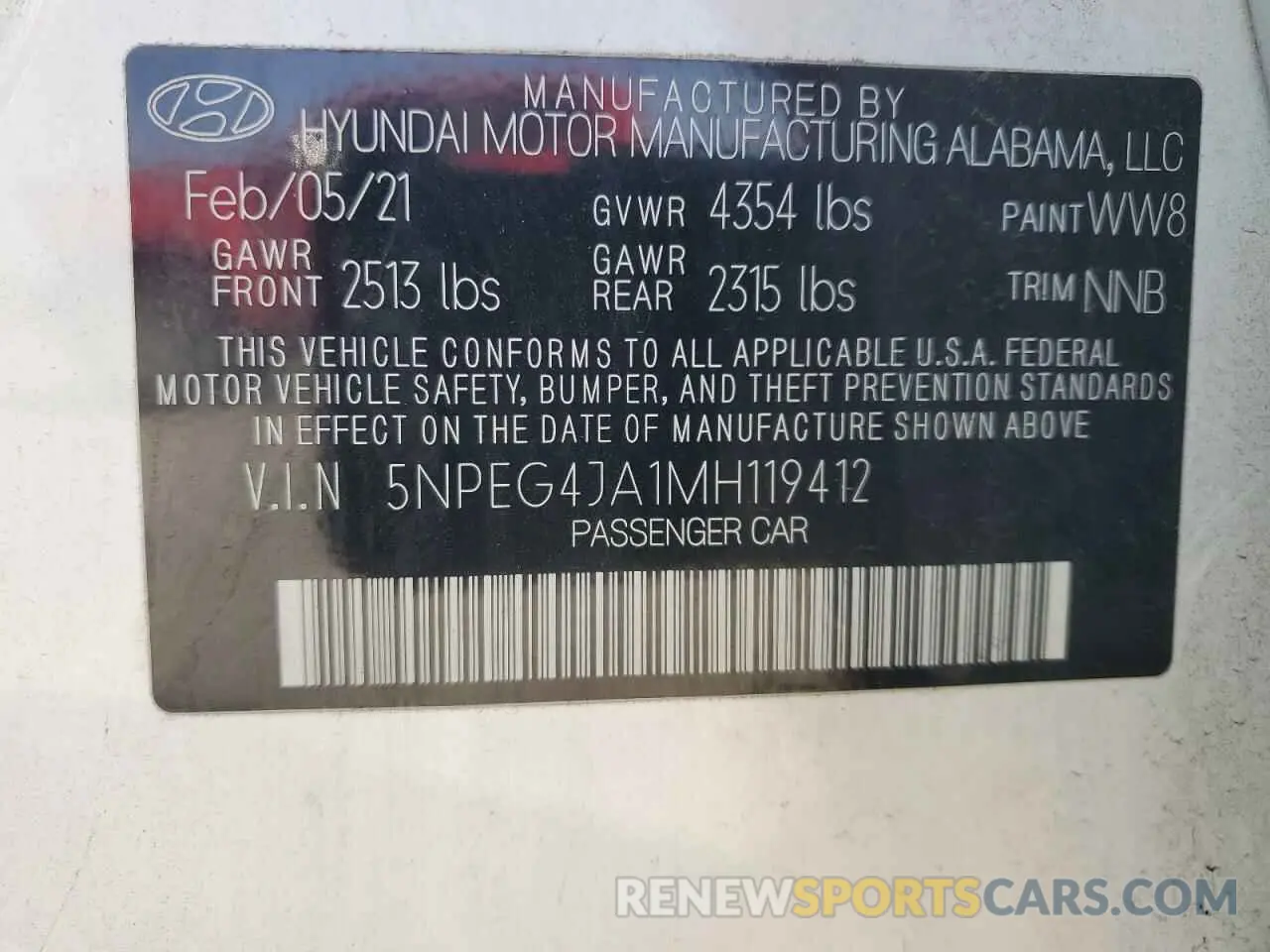 13 Photograph of a damaged car 5NPEG4JA1MH119412 HYUNDAI SONATA 2021