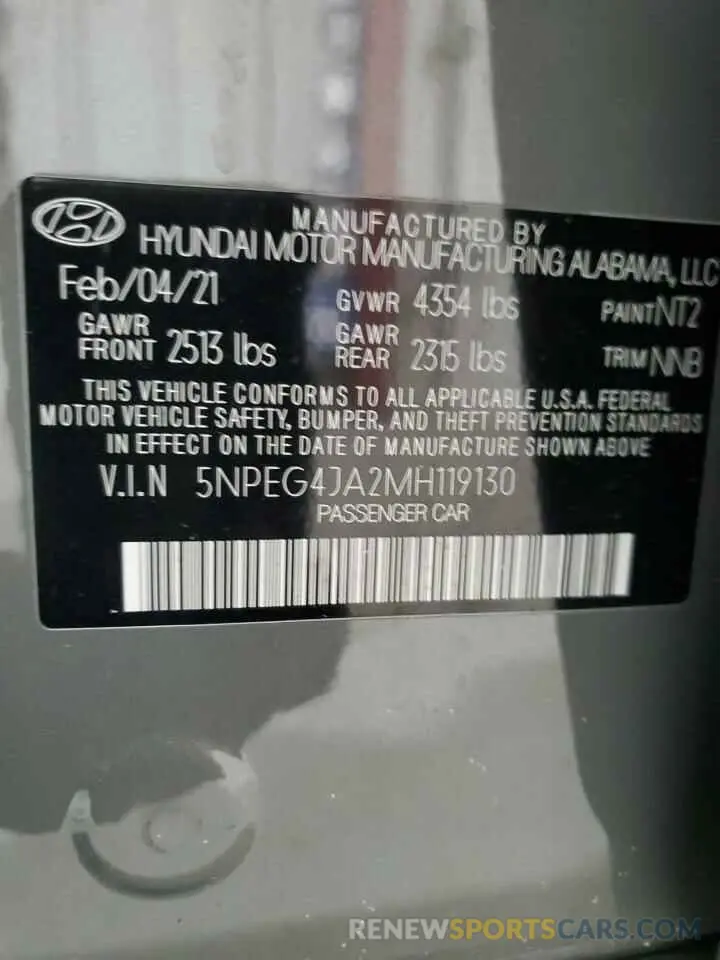 12 Photograph of a damaged car 5NPEG4JA2MH119130 HYUNDAI SONATA 2021