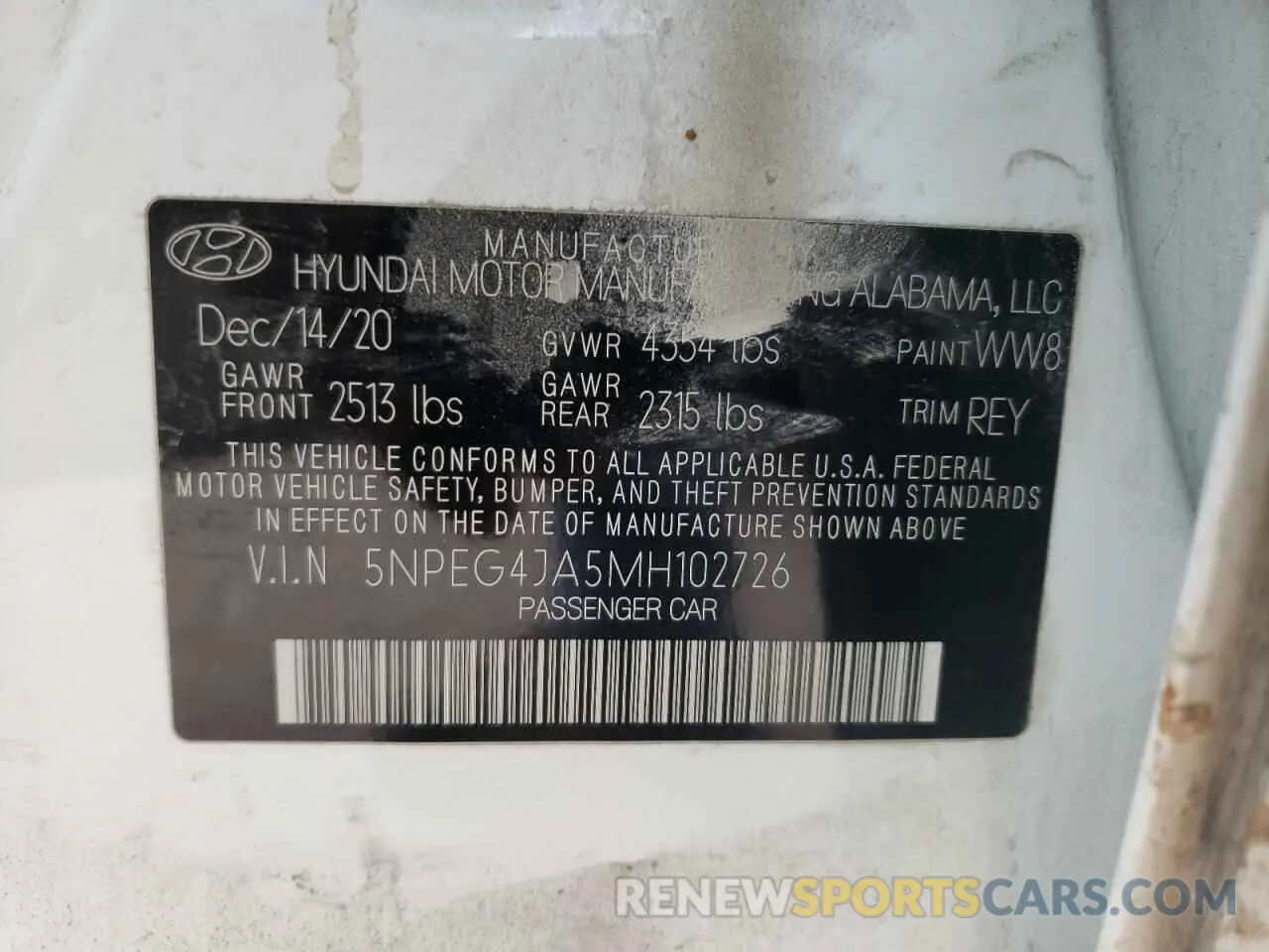 12 Photograph of a damaged car 5NPEG4JA5MH102726 HYUNDAI SONATA 2021