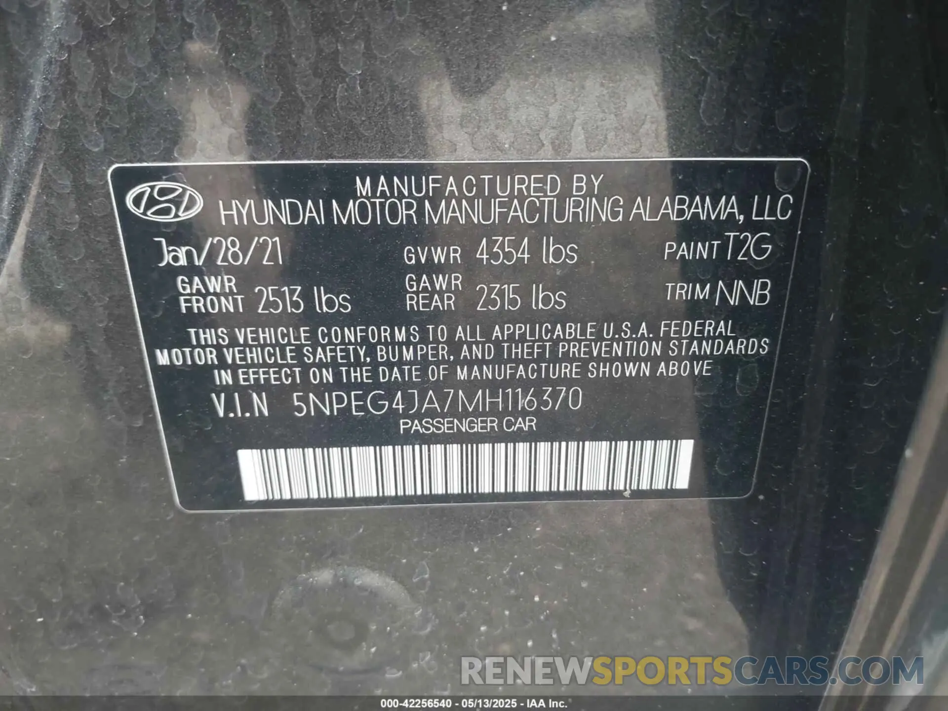 9 Photograph of a damaged car 5NPEG4JA7MH116370 HYUNDAI SONATA 2021