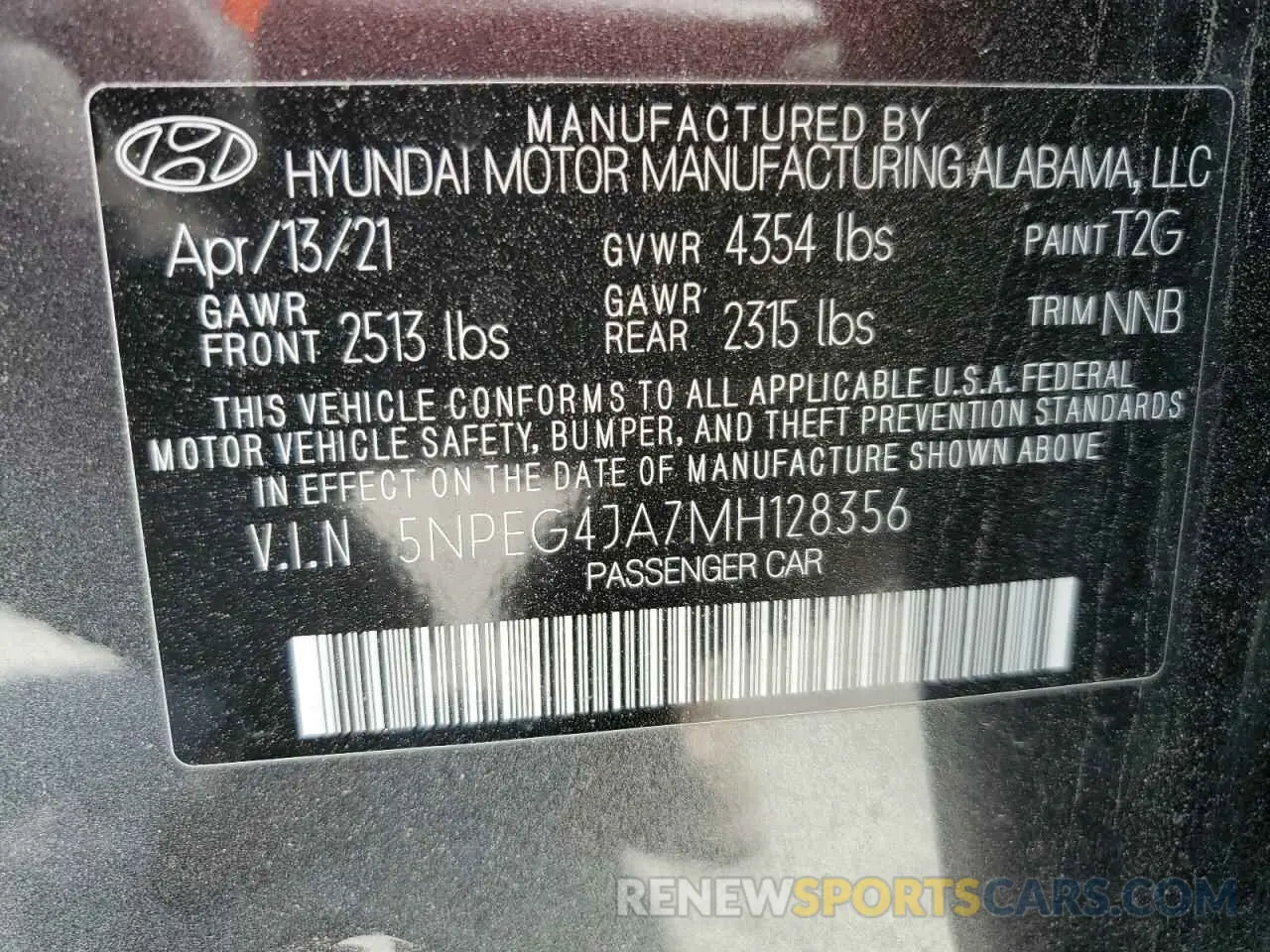 14 Photograph of a damaged car 5NPEG4JA7MH128356 HYUNDAI SONATA 2021