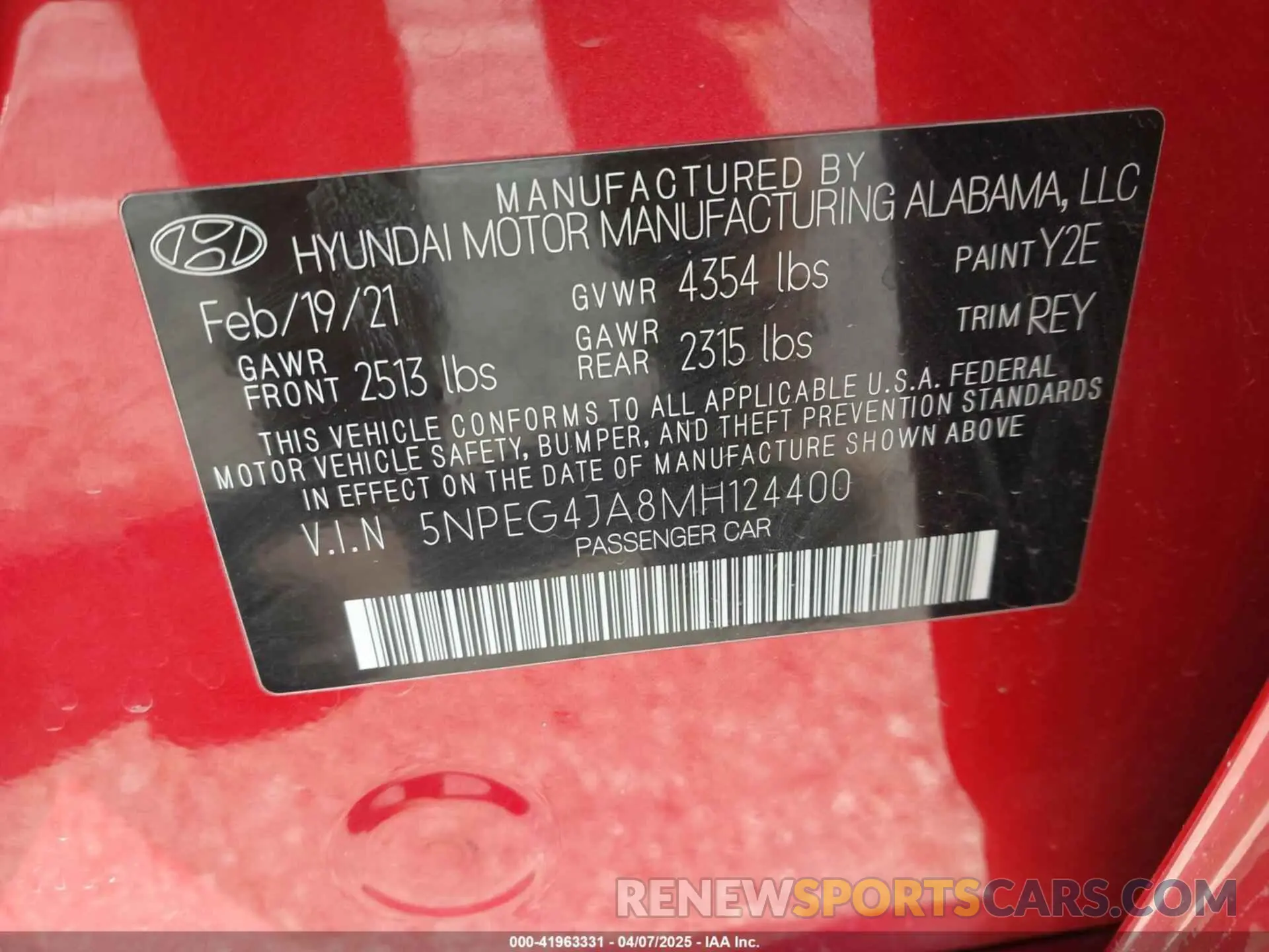 9 Photograph of a damaged car 5NPEG4JA8MH124400 HYUNDAI SONATA 2021