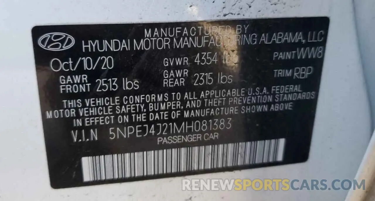 12 Photograph of a damaged car 5NPEJ4J21MH081383 HYUNDAI SONATA 2021
