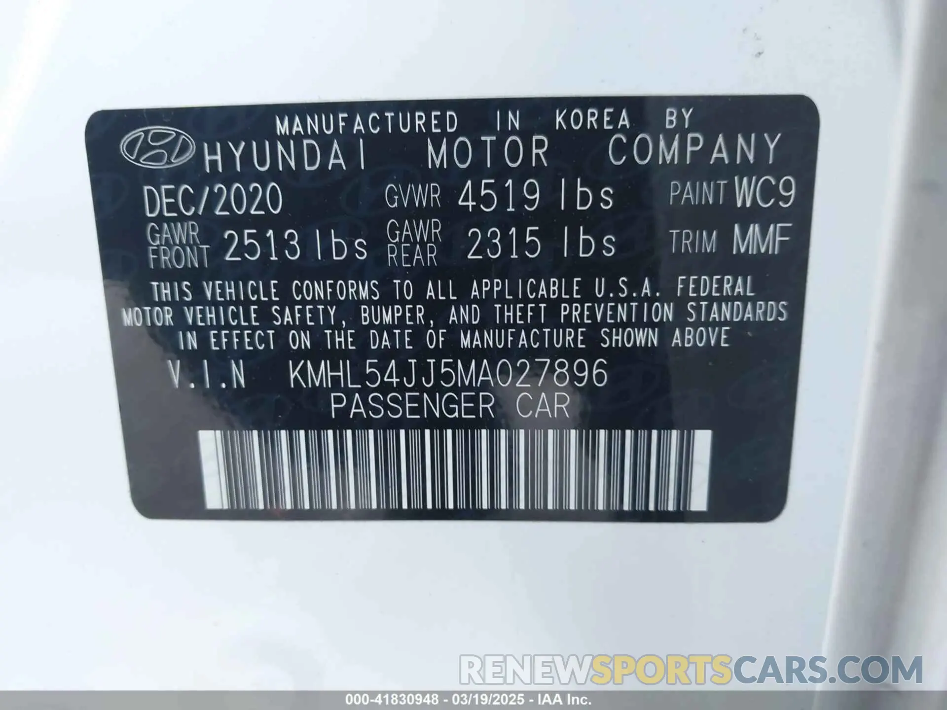 9 Photograph of a damaged car KMHL54JJ5MA027896 HYUNDAI SONATA 2021
