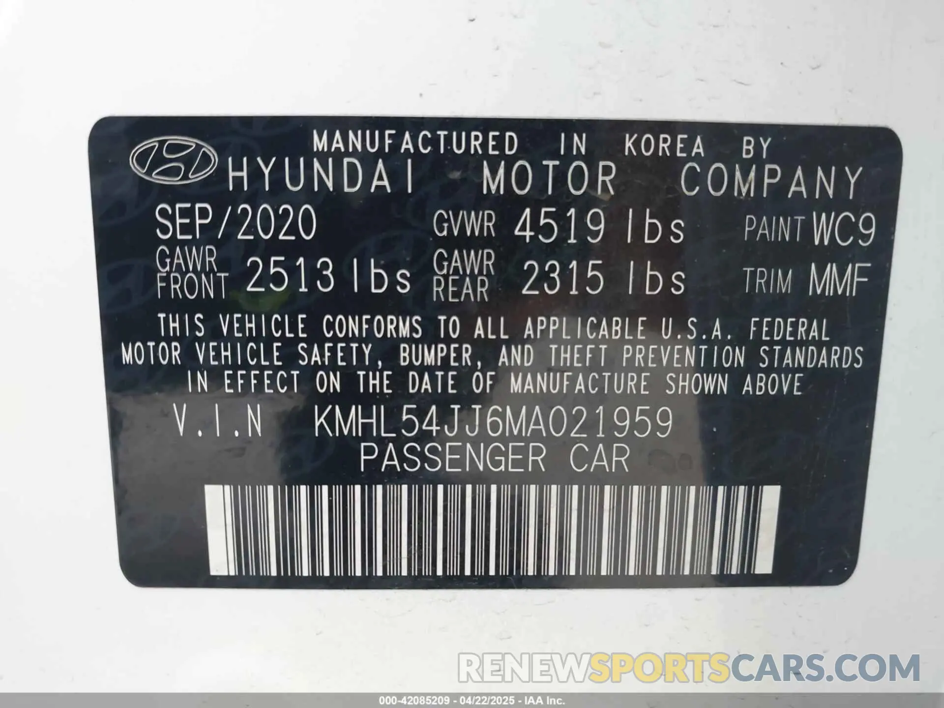 9 Photograph of a damaged car KMHL54JJ6MA021959 HYUNDAI SONATA 2021