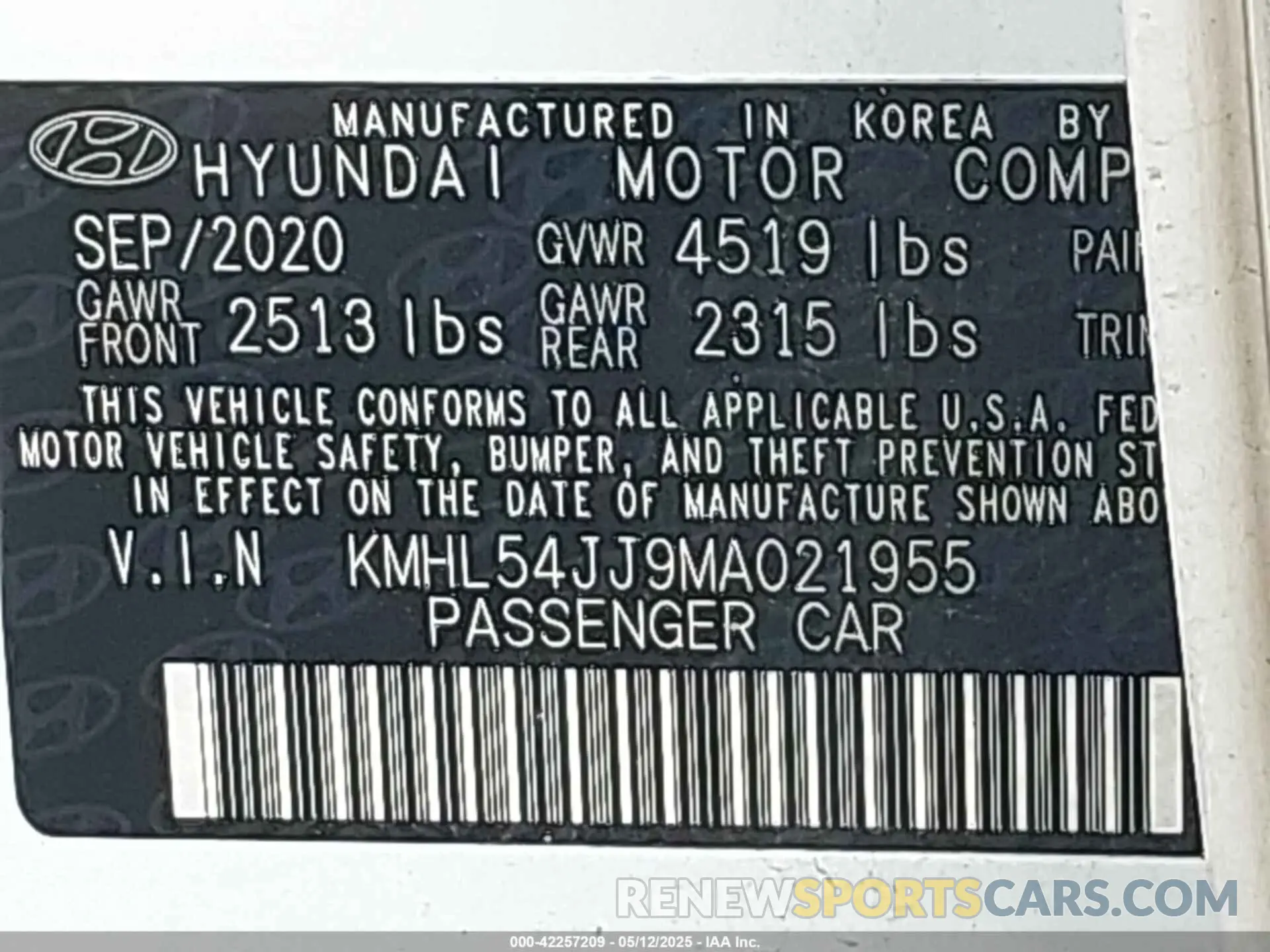 9 Photograph of a damaged car KMHL54JJ9MA021955 HYUNDAI SONATA 2021