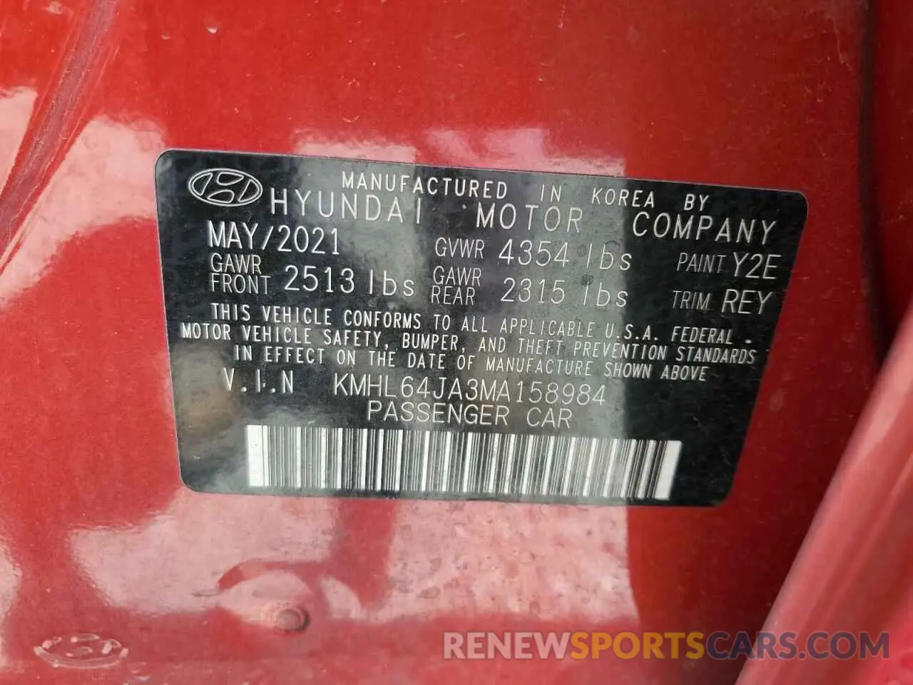12 Photograph of a damaged car KMHL64JA3MA158984 HYUNDAI SONATA 2021