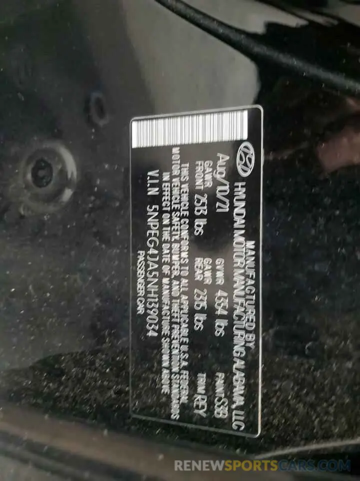 12 Photograph of a damaged car 5NPEG4JA5NH139034 HYUNDAI SONATA 2022