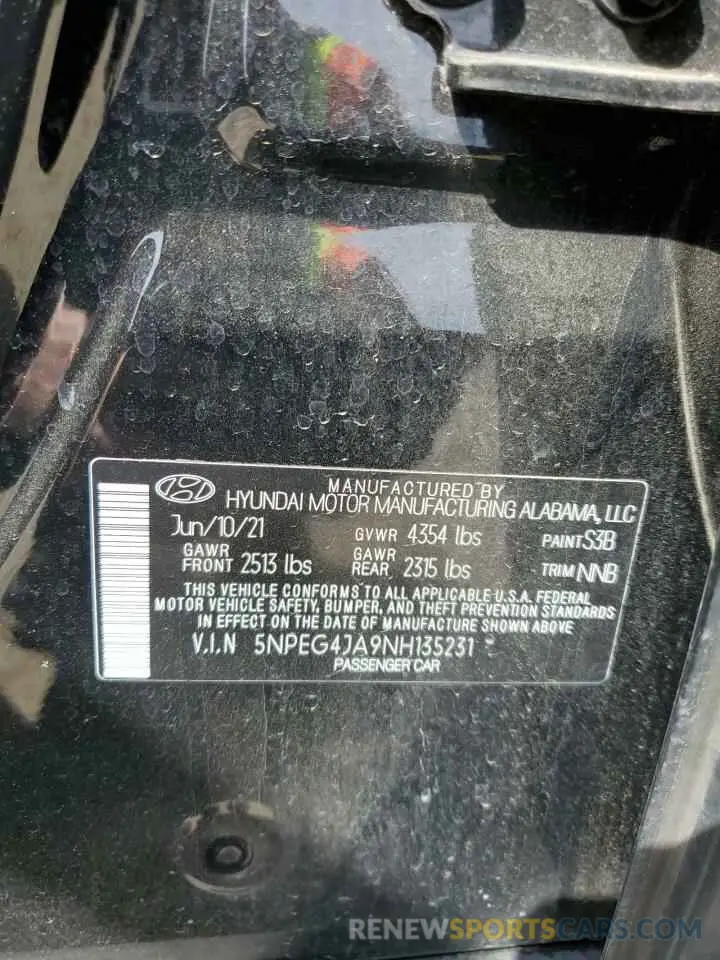 12 Photograph of a damaged car 5NPEG4JA9NH135231 HYUNDAI SONATA 2022