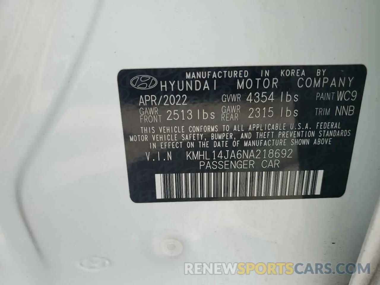 12 Photograph of a damaged car KMHL14JA6NA218692 HYUNDAI SONATA 2022