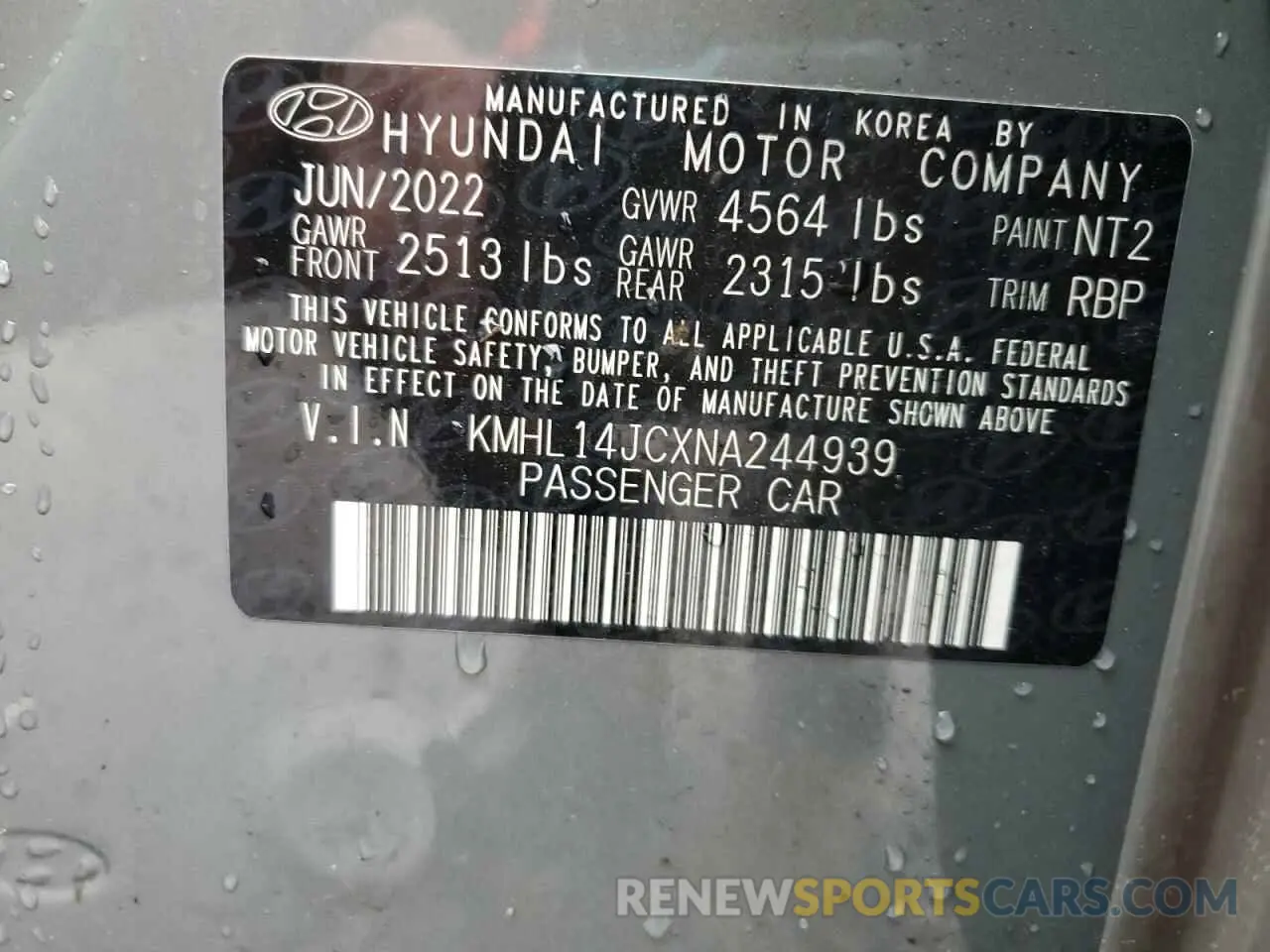 14 Photograph of a damaged car KMHL14JCXNA244939 HYUNDAI SONATA 2022