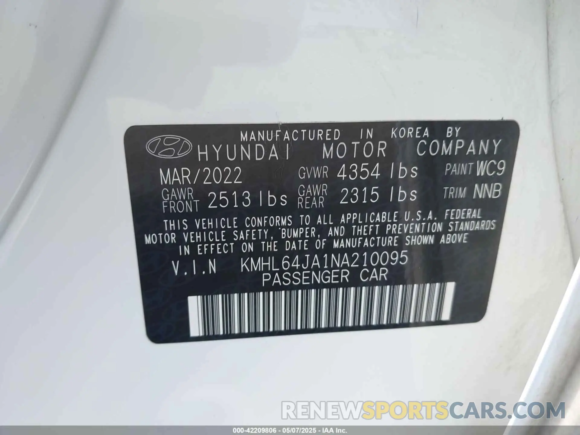 9 Photograph of a damaged car KMHL64JA1NA210095 HYUNDAI SONATA 2022