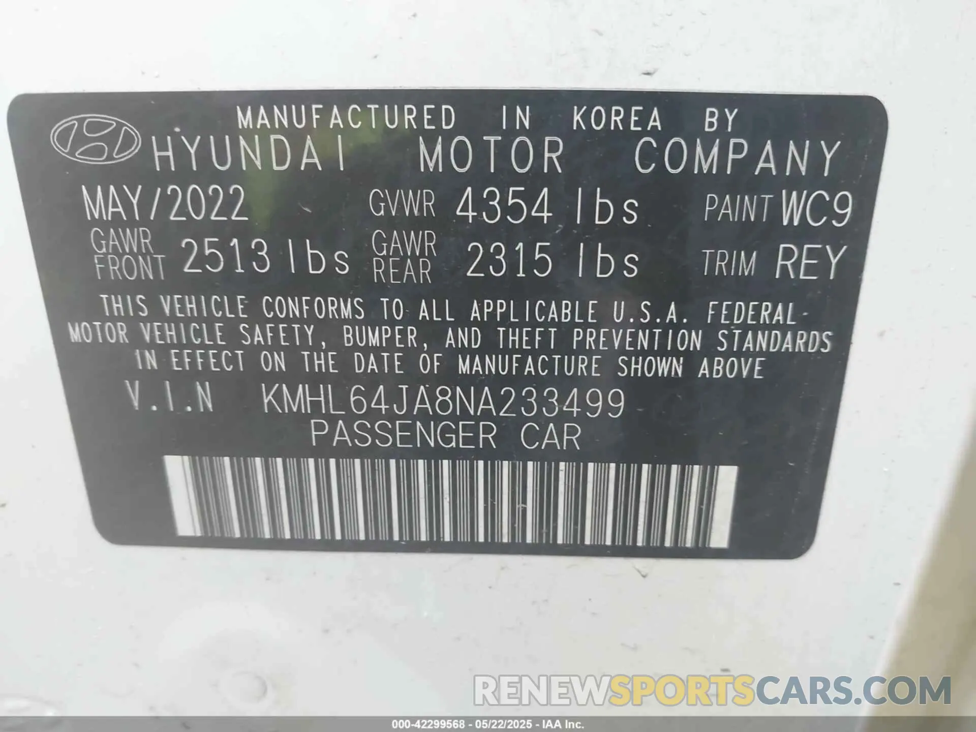9 Photograph of a damaged car KMHL64JA8NA233499 HYUNDAI SONATA 2022