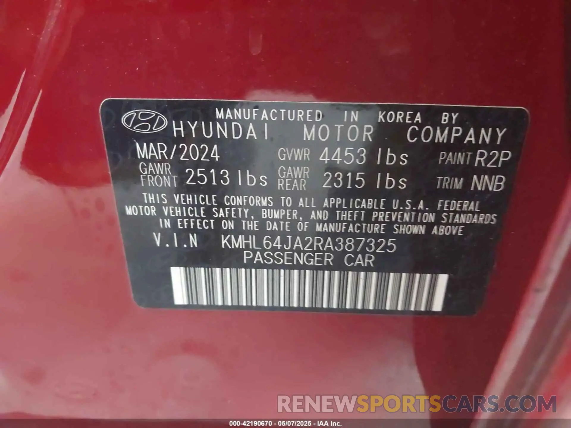 9 Photograph of a damaged car KMHL64JA2RA387325 HYUNDAI SONATA 2024